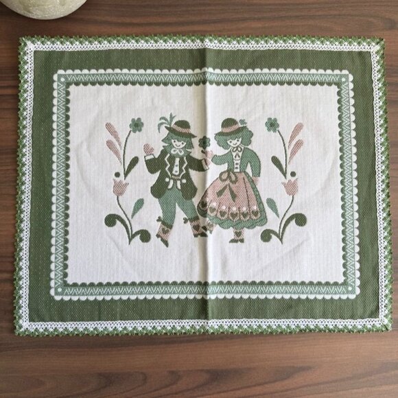 Vtg Haller Textilewerke Halltex German Placemat Folk Art Couple Green On White S - Picture 1 of 9